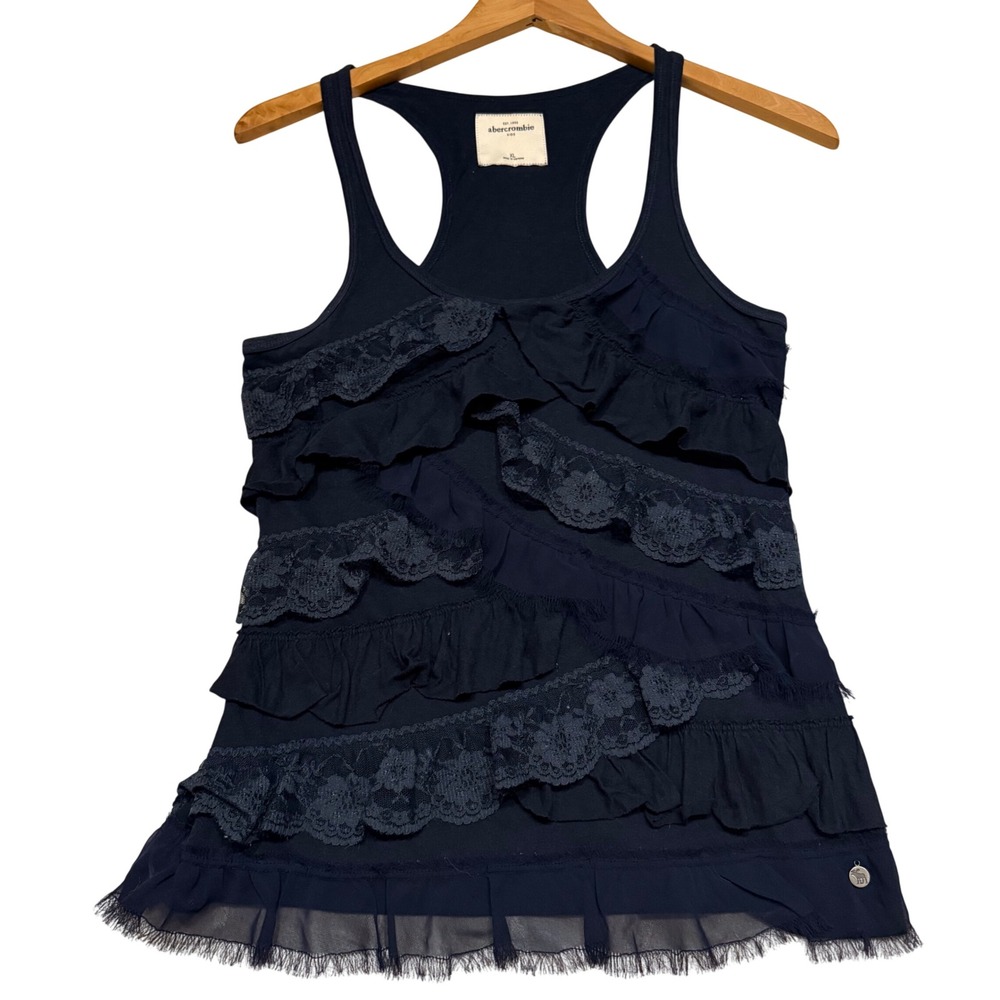 Y2K Abercrombie & Fitch Ruffle Lace Tiered Tank Top Navy Blue Layer Indie Sleeze